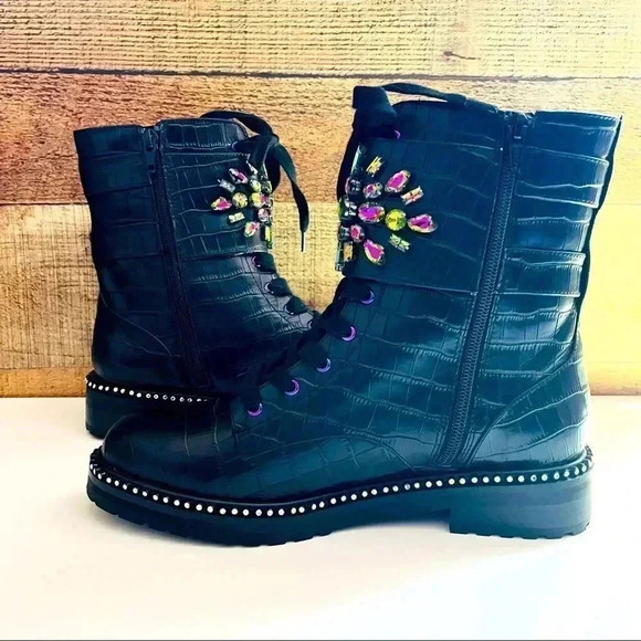 RARE NWT Kurt Geiger London Stoop Rainbow Crystal Oil Spill Leather Combat Boots - Picture 13 of 15